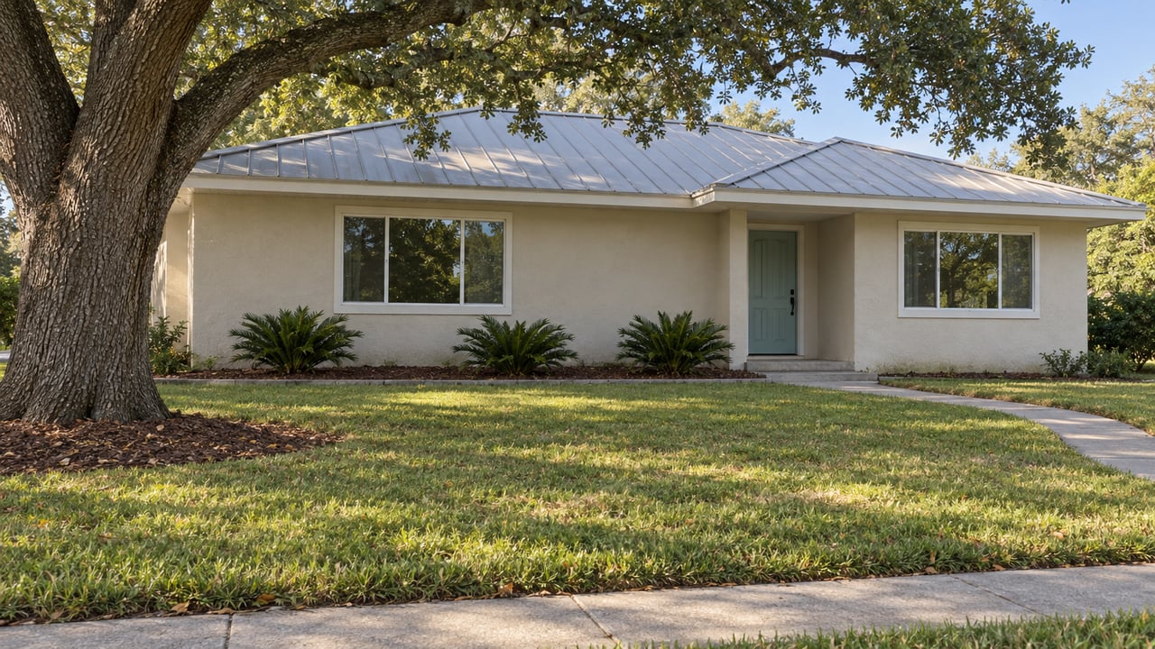 An oak shades the deep lawn of a single-story pale stucco home with a gray metal roof and aqua front door.