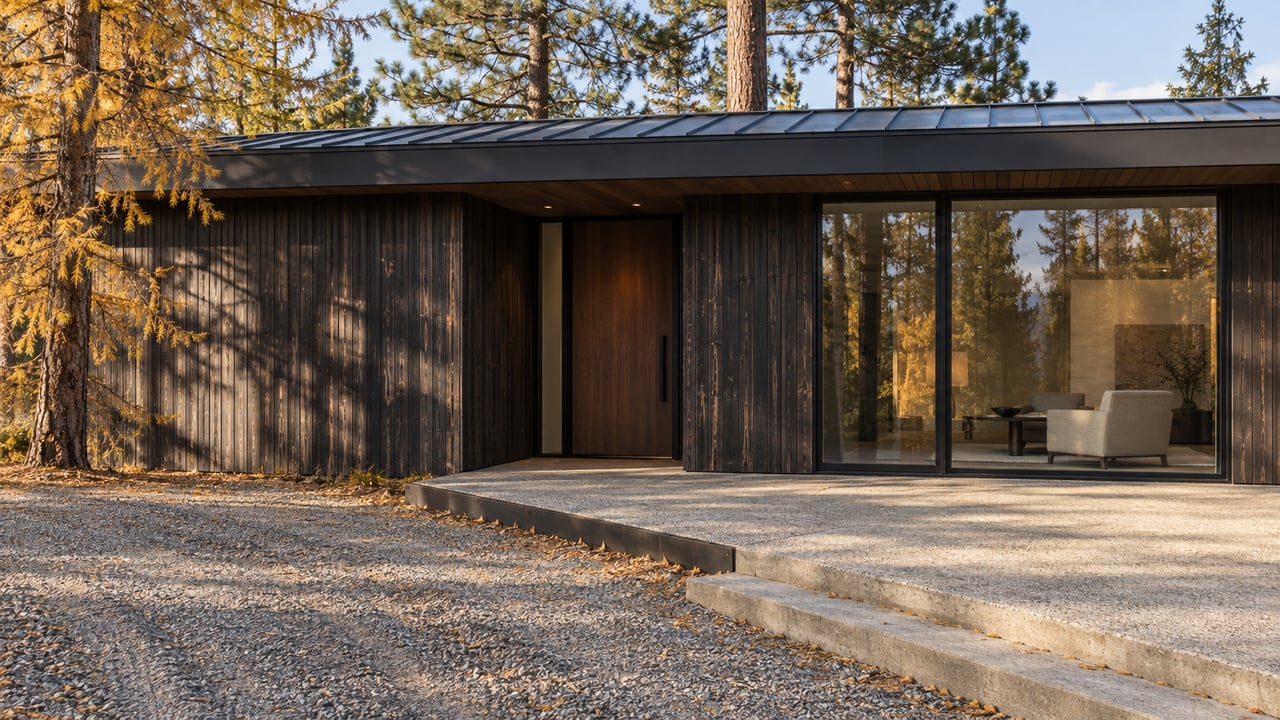 Dark cedar home with broad eaves, a concrete entry landing and warm living-room glazing beside golden larch and tall pines.