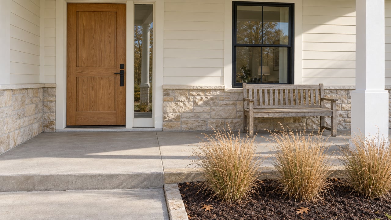 An oak front door and black-framed window above a limestone wall base, with a weathered bench and golden prairie dropseed beside a concrete porch.