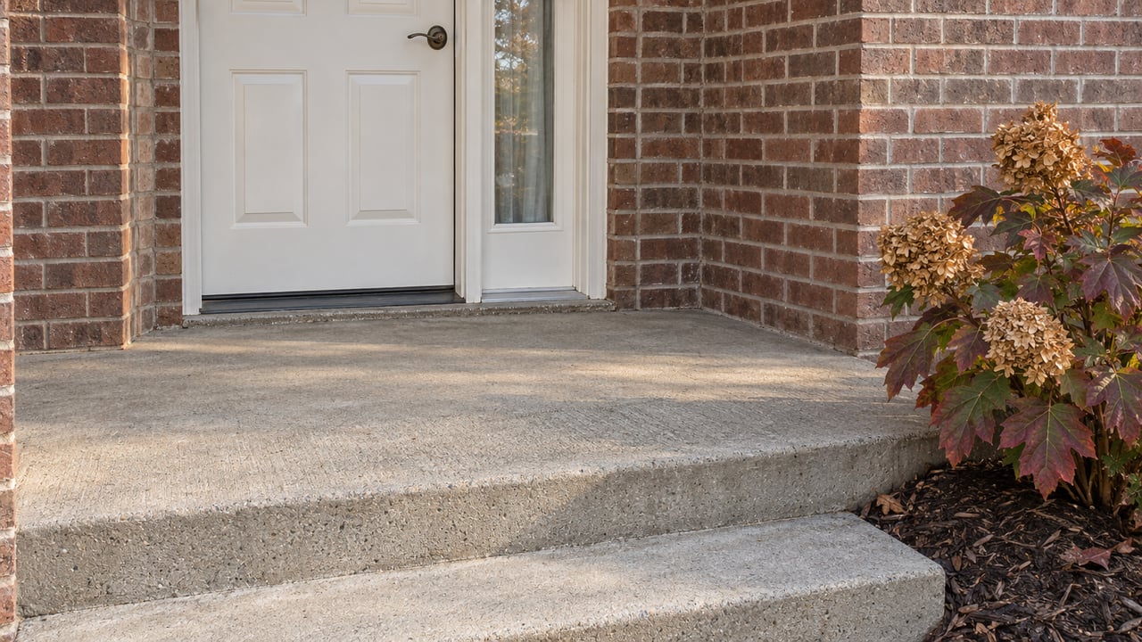 Close view of a white front door and sidelight in a reddish-brown brick entry, with a concrete step and autumn oakleaf hydrangea.