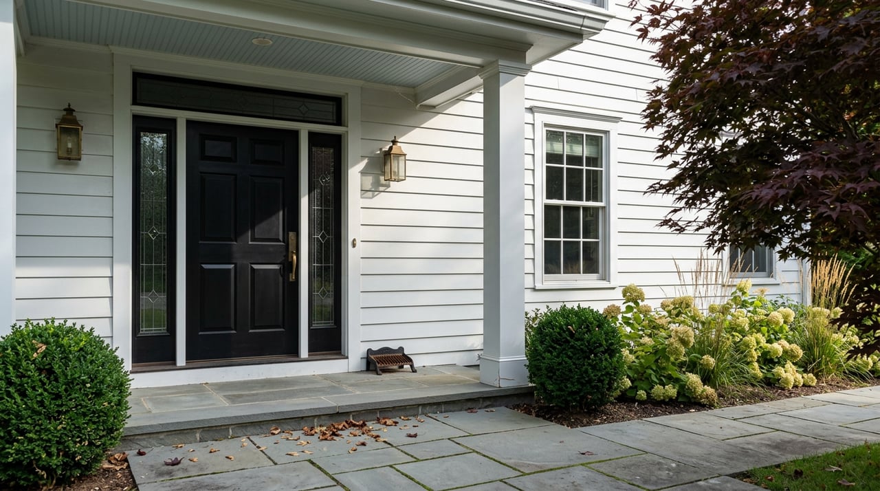 Black paneled front door with leaded-glass sidelights, flanked by boxwoods and a bluestone walk.