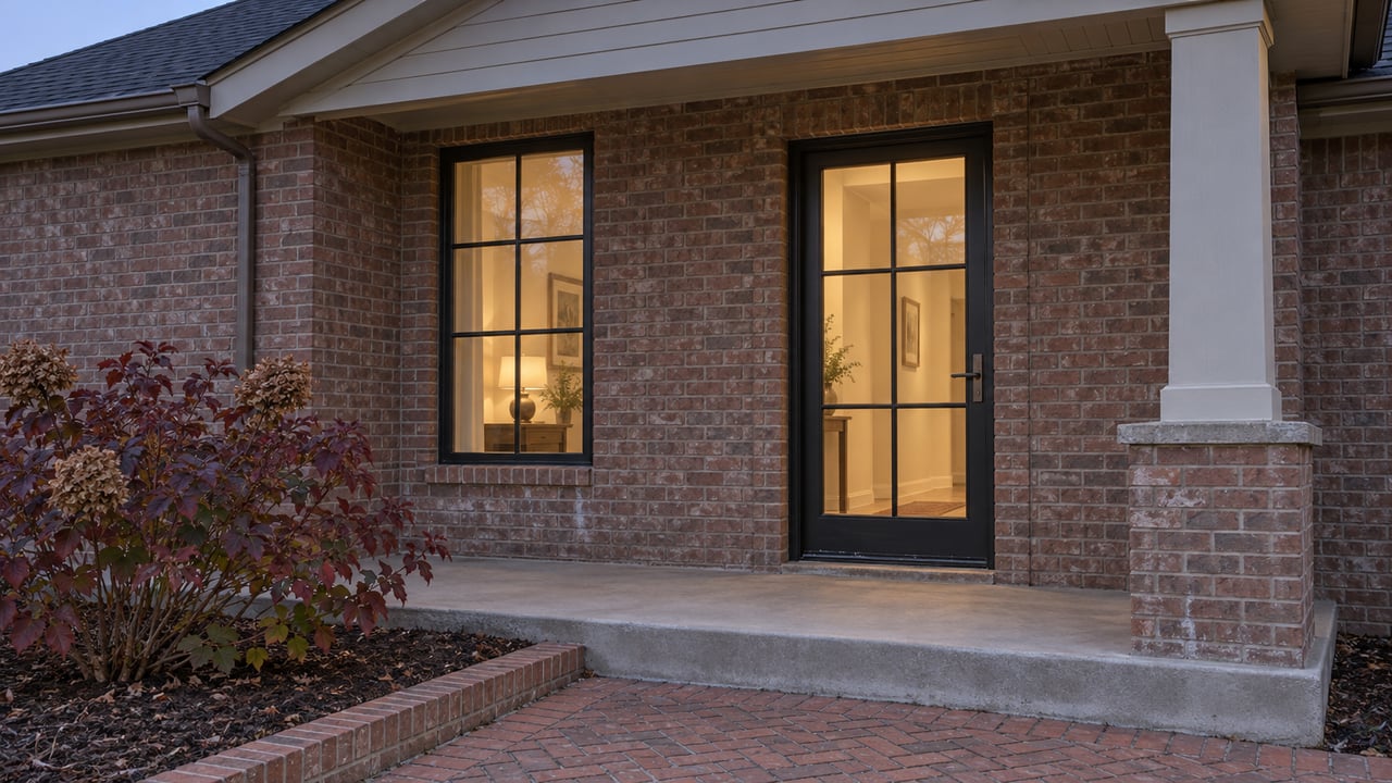 A brick home's covered side entry at dusk, with a closed glass door, warm interior light, and an oakleaf hydrangea beside a worn brick walk.