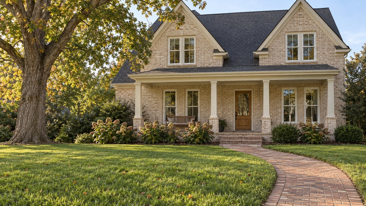 Pale brick gabled home with a covered porch, curving brick walk and deep lawn beneath a mature white oak.