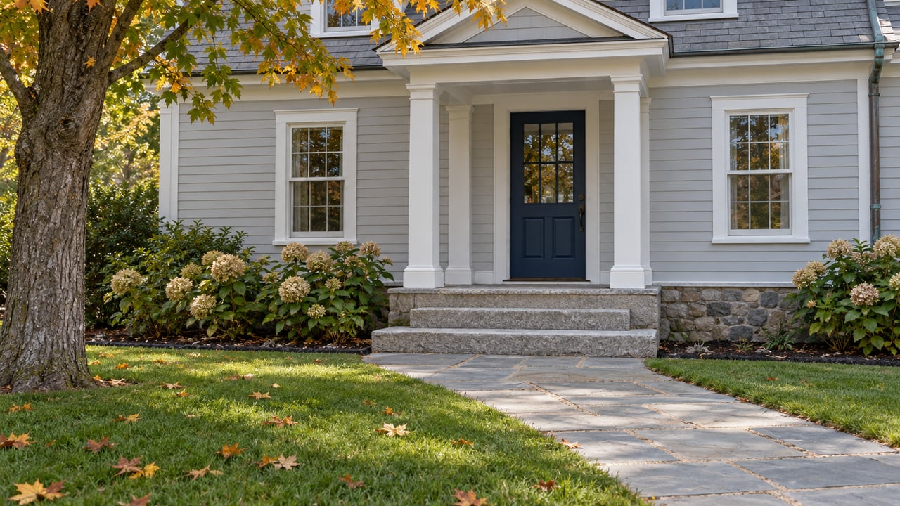 Pale gray clapboard home with a blue front door, granite porch steps, bluestone walk and an autumn maple beside a deep lawn.