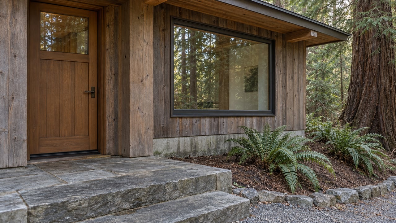 Weathered cedar cottage entry with a closed wood door, broad window, stone landing, redwood trunk, and sword ferns.