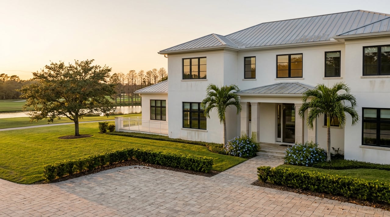 White stucco estate with black-framed windows, a paver motor court, and a lake beyond the lawn.
