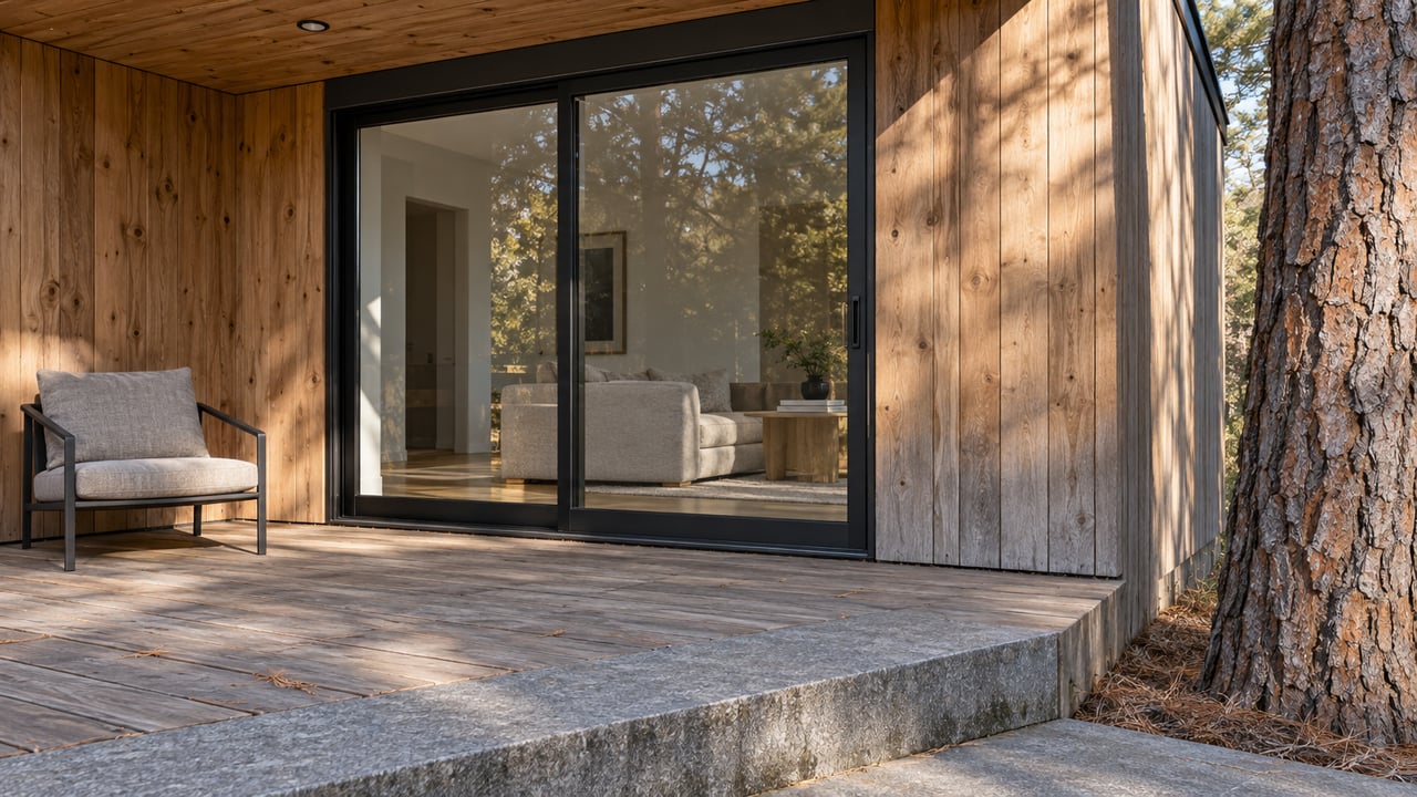 Cedar-clad home with a covered deck, black-framed glass doors, granite landing and a mature pine trunk.