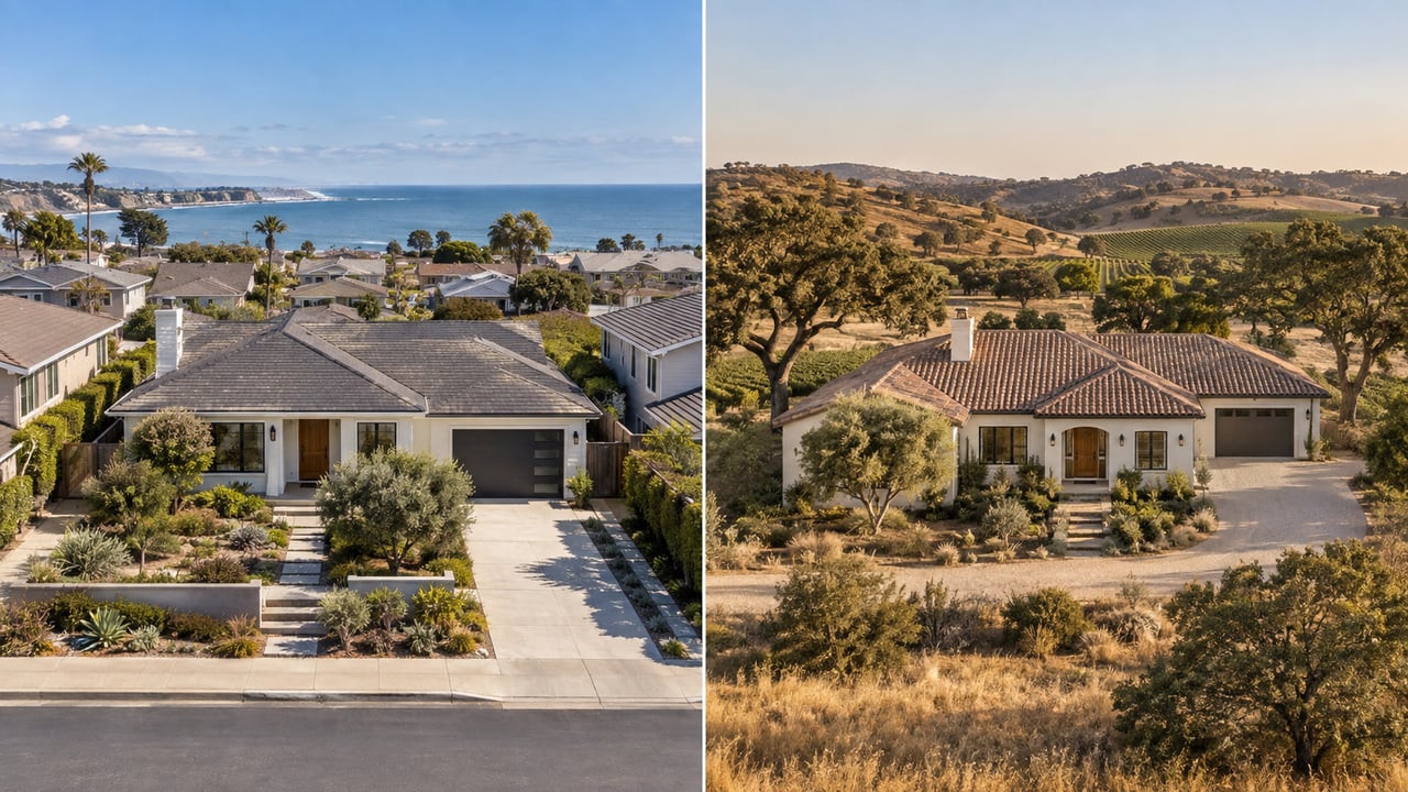 A direct editorial comparison contrasts a compact coastal residence with an inland wine-country home surrounded by broader land and open terrain.