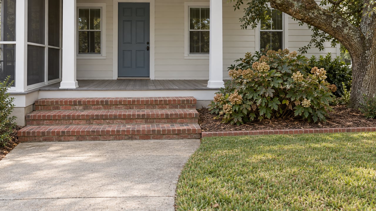 White-sided home with a blue-gray front door, screened porch, brick steps, and oak-shaded hydrangea planting beside a concrete walk.