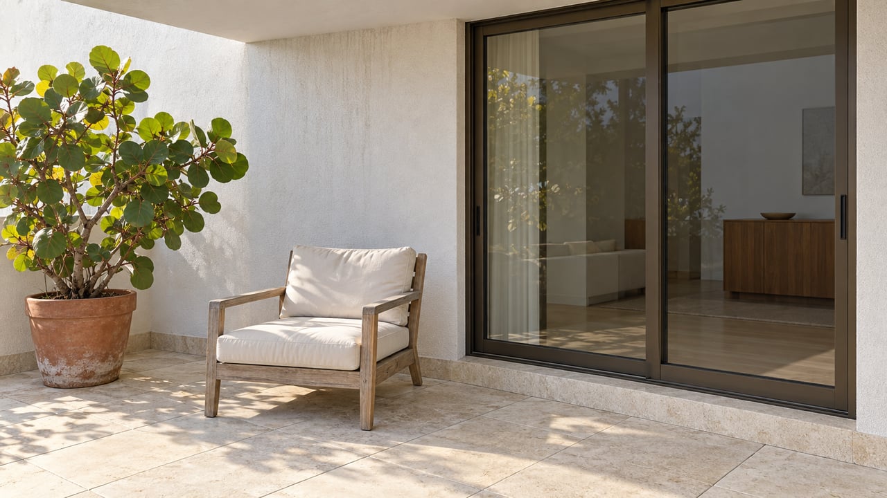 White stucco condominium terrace with closed bronze-framed glass doors, a teak lounge chair and a potted sea grape on pale stone paving.
