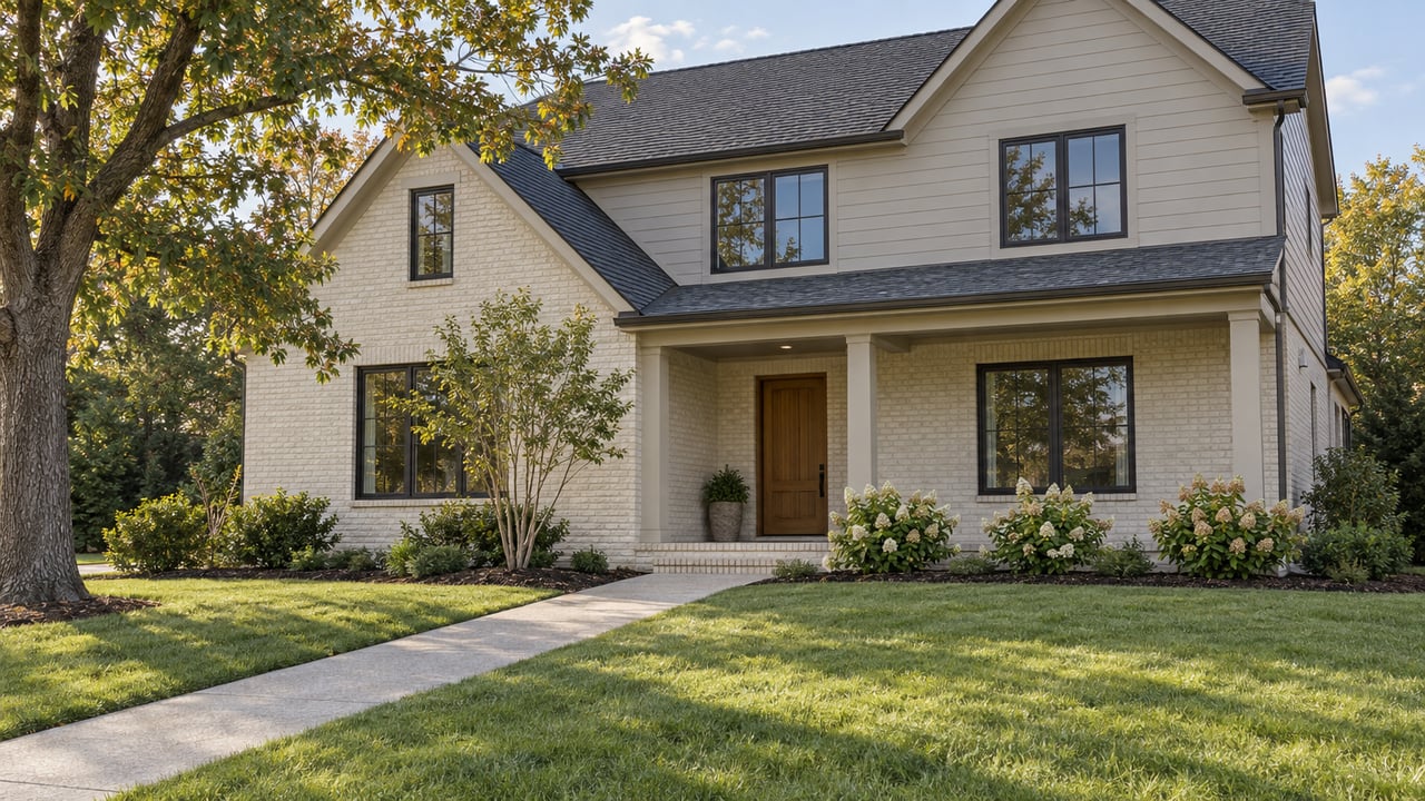 Detached ivory-brick and taupe-sided home with a diagonal concrete walk, open lawn, and mature tree.