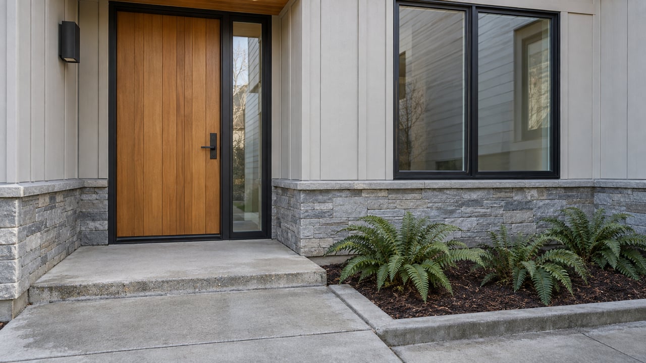 Close view of a cedar front door, black-framed window, gray stone base and pale concrete entry beside three sword ferns.