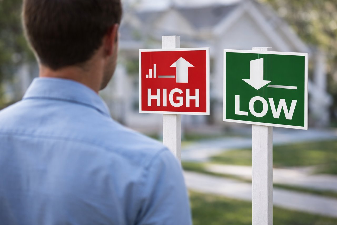 Homeowner standing in front of high and low price direction signs representing pricing decisions when selling a home