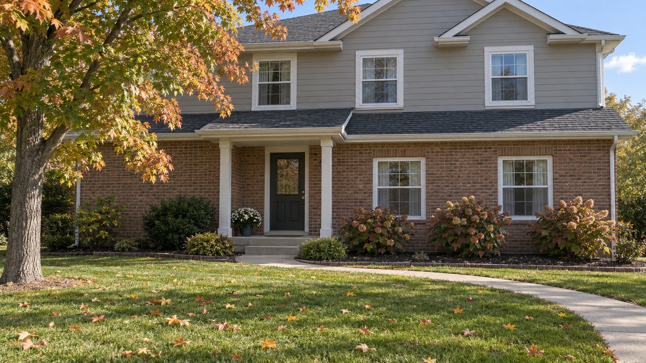 An established two-story brick and gray-sided home behind a broad lawn, with an autumn sugar maple and a curved concrete front walk.