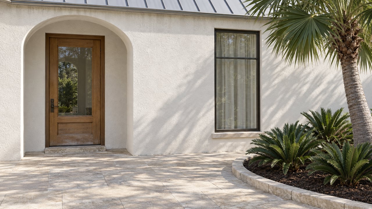 Sunlit white stucco home with a recessed arched wood-and-glass entry, limestone terrace and a mature fan palm in a bordered planting bed.