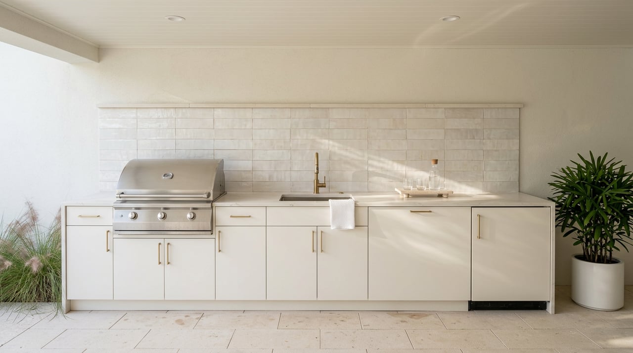 Outdoor kitchen with a stainless grill, sink, brass faucet, and water carafe against a zellige-tile backsplash.