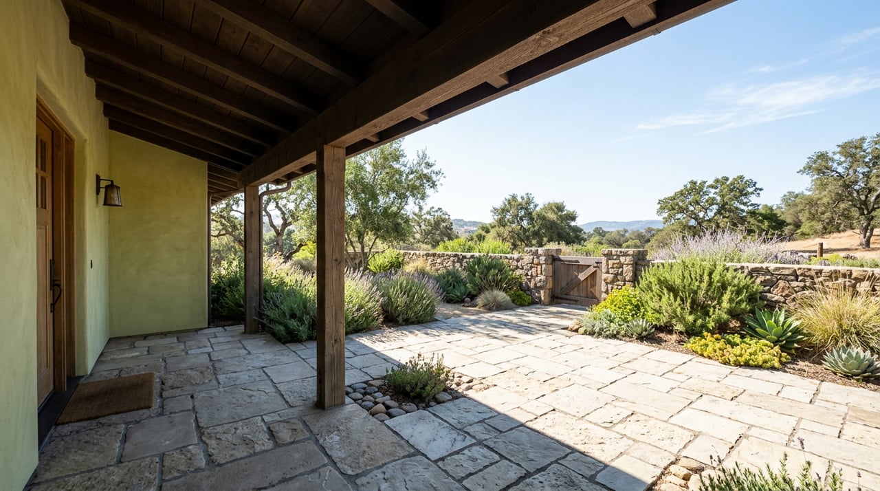 Stone-paved entry court beneath a deep roof overhang, facing a low hedge and specimen tree.