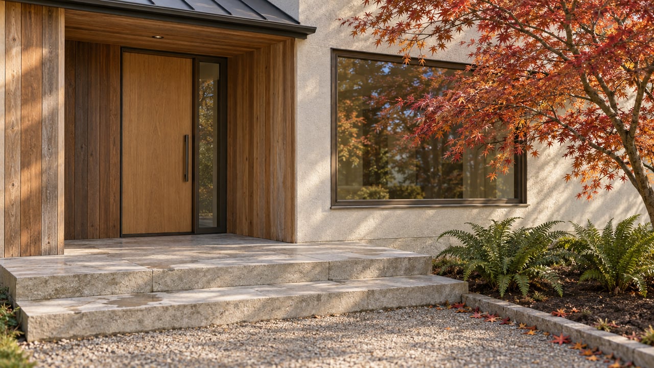 Cedar-clad entry with oak door and stone steps beneath a red-leaved Japanese maple.