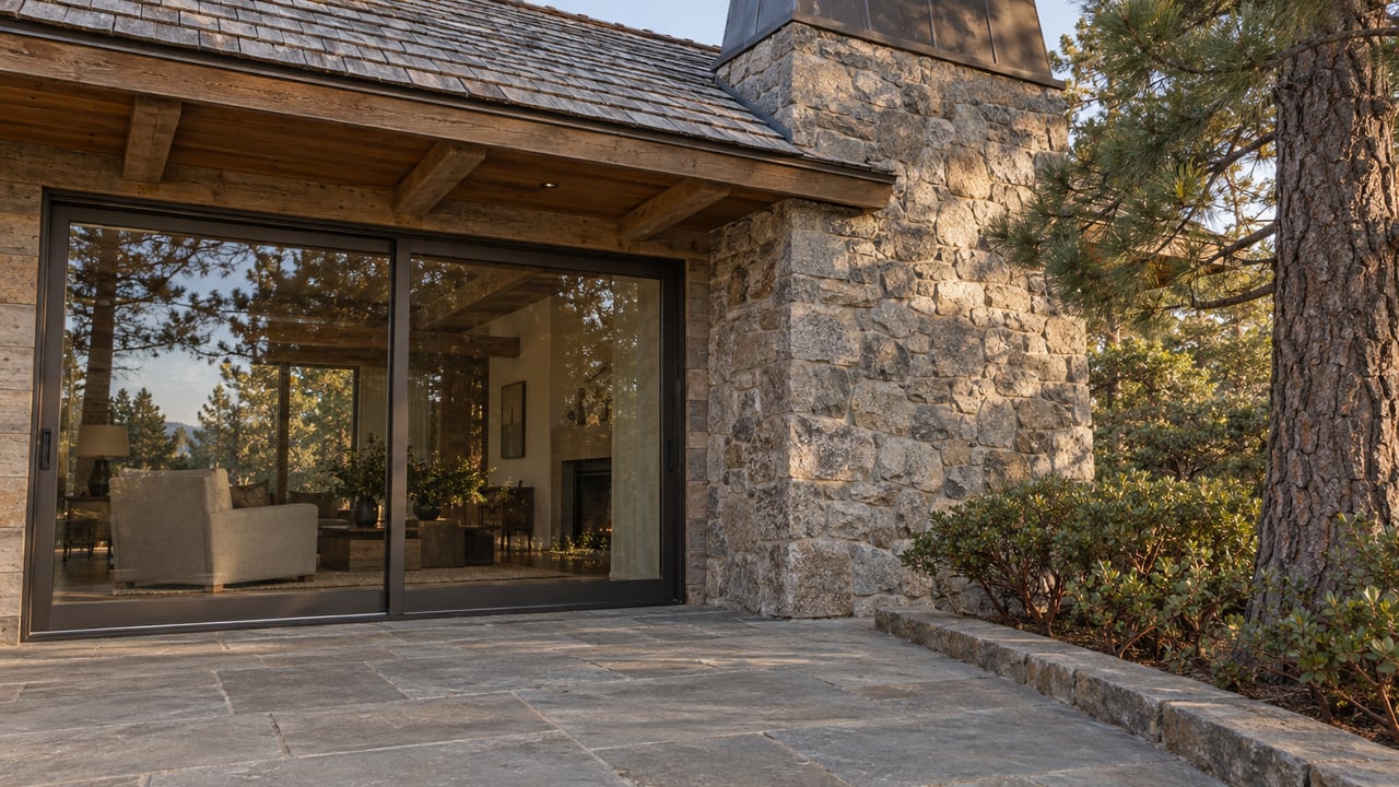 Stone home exterior with a covered patio, wide glass doors, and mature trees.