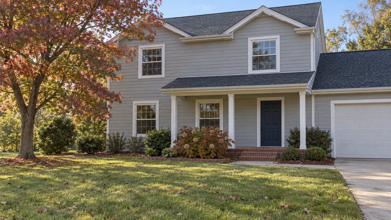 A gray-sided two-story home behind a broad autumn lawn, with a brick porch, white-framed windows and a copper-red maple tree.