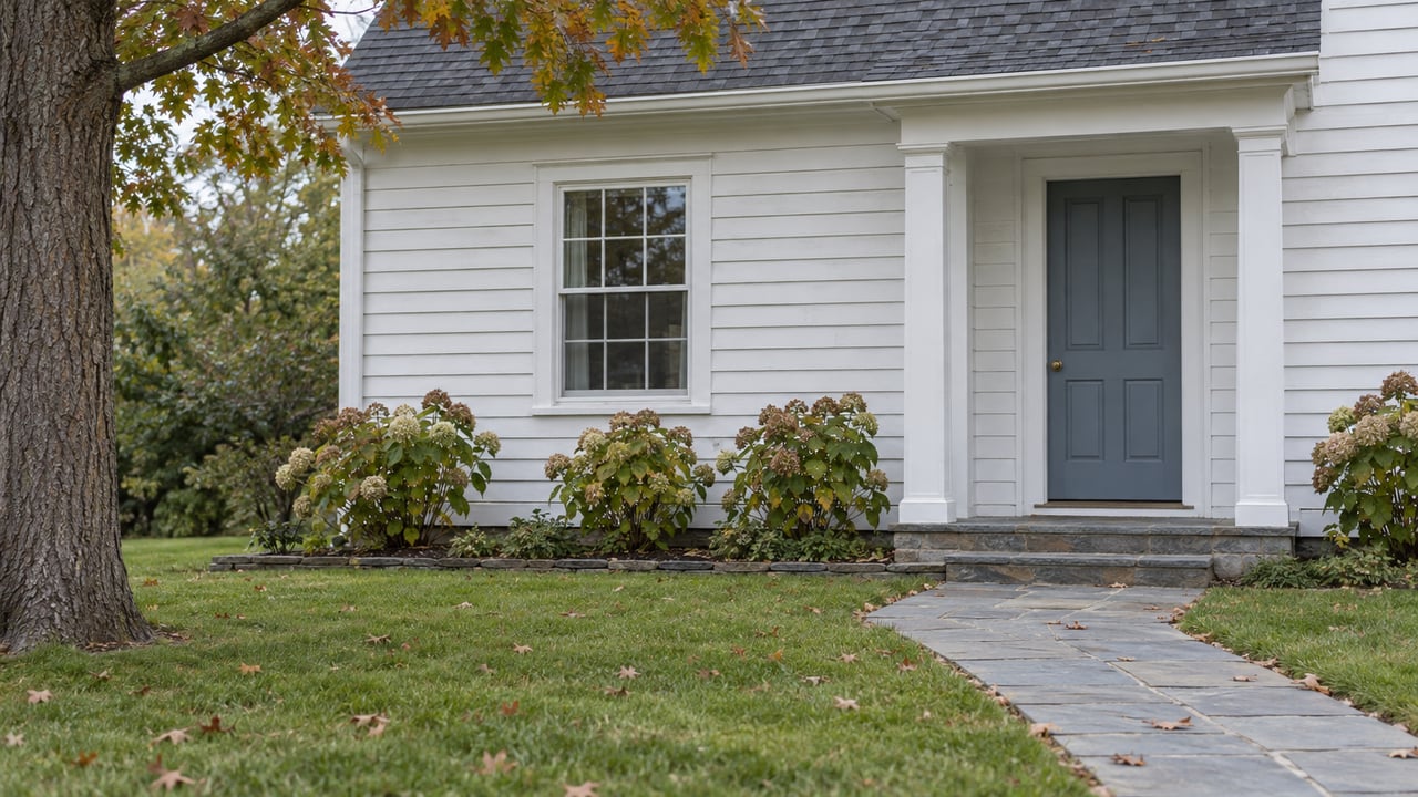 Modest white clapboard house with a blue-gray front door, bluestone walk, and red oak at the lawn’s edge.