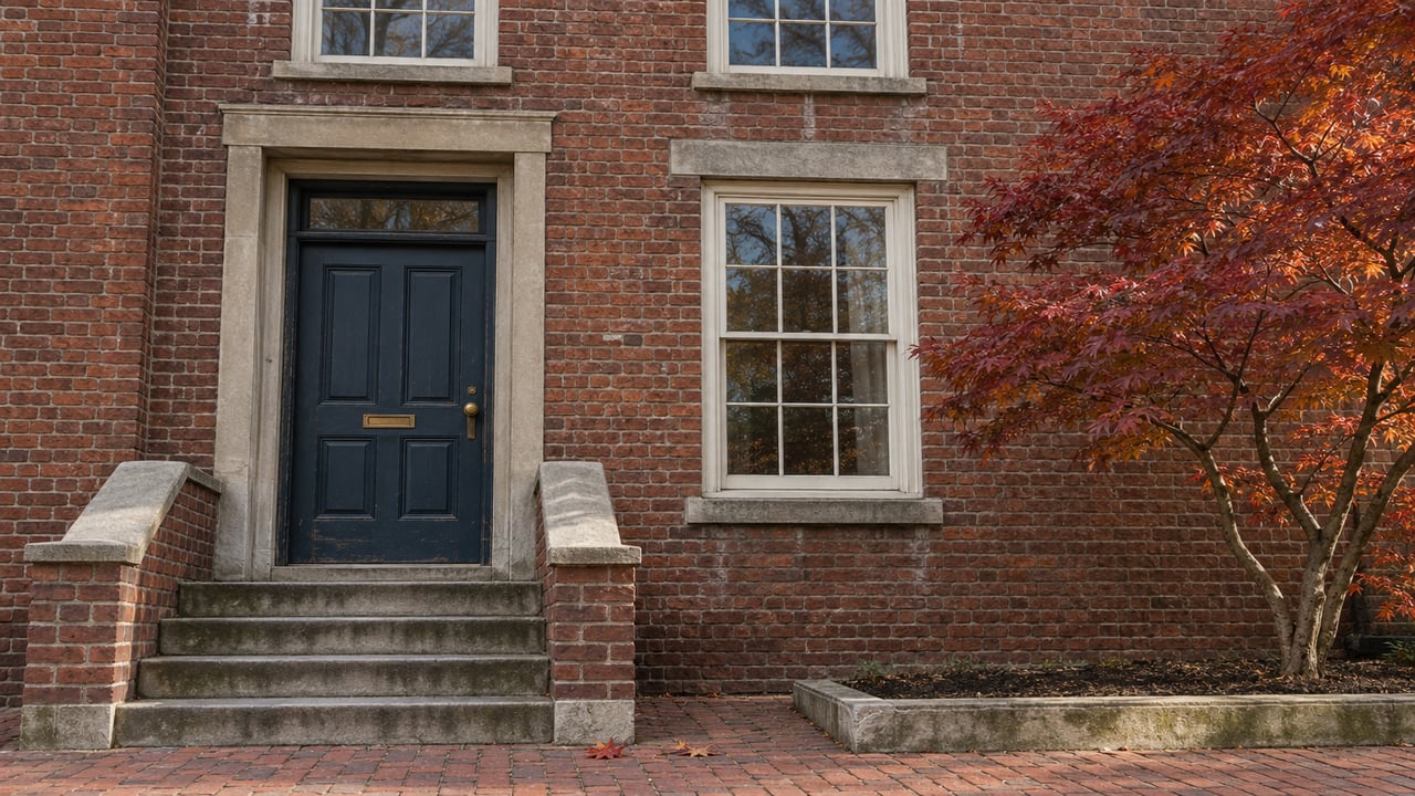 Dark red brick townhouse entry with a deep blue door, limestone steps, ivory sash windows and one burgundy-orange Japanese maple.