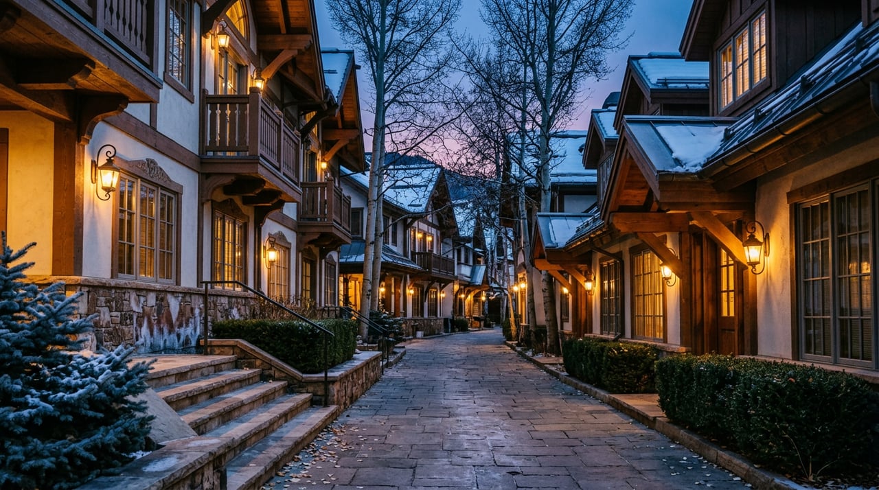 Stone-paved alpine village lane recedes between timber-framed chalets with glowing windows beneath a blue dusk sky.