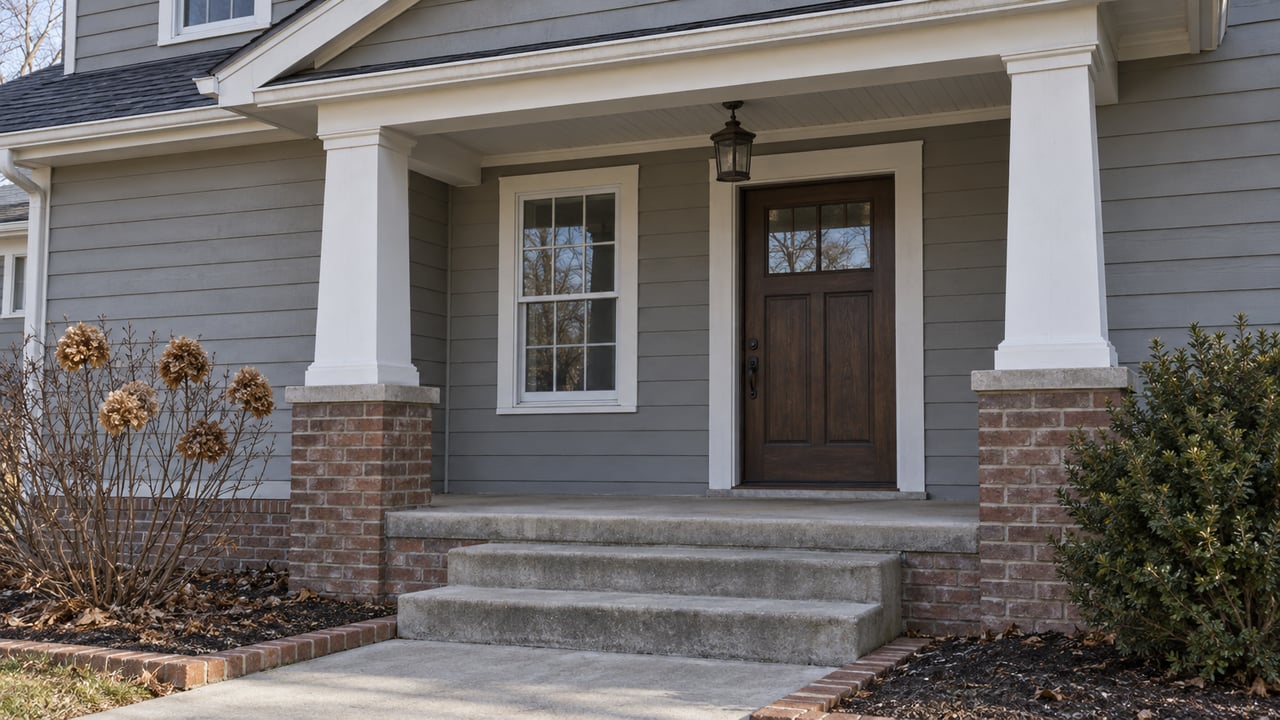Winter morning light on a gray clapboard home's covered porch, oak front door, brick plinths and concrete steps.