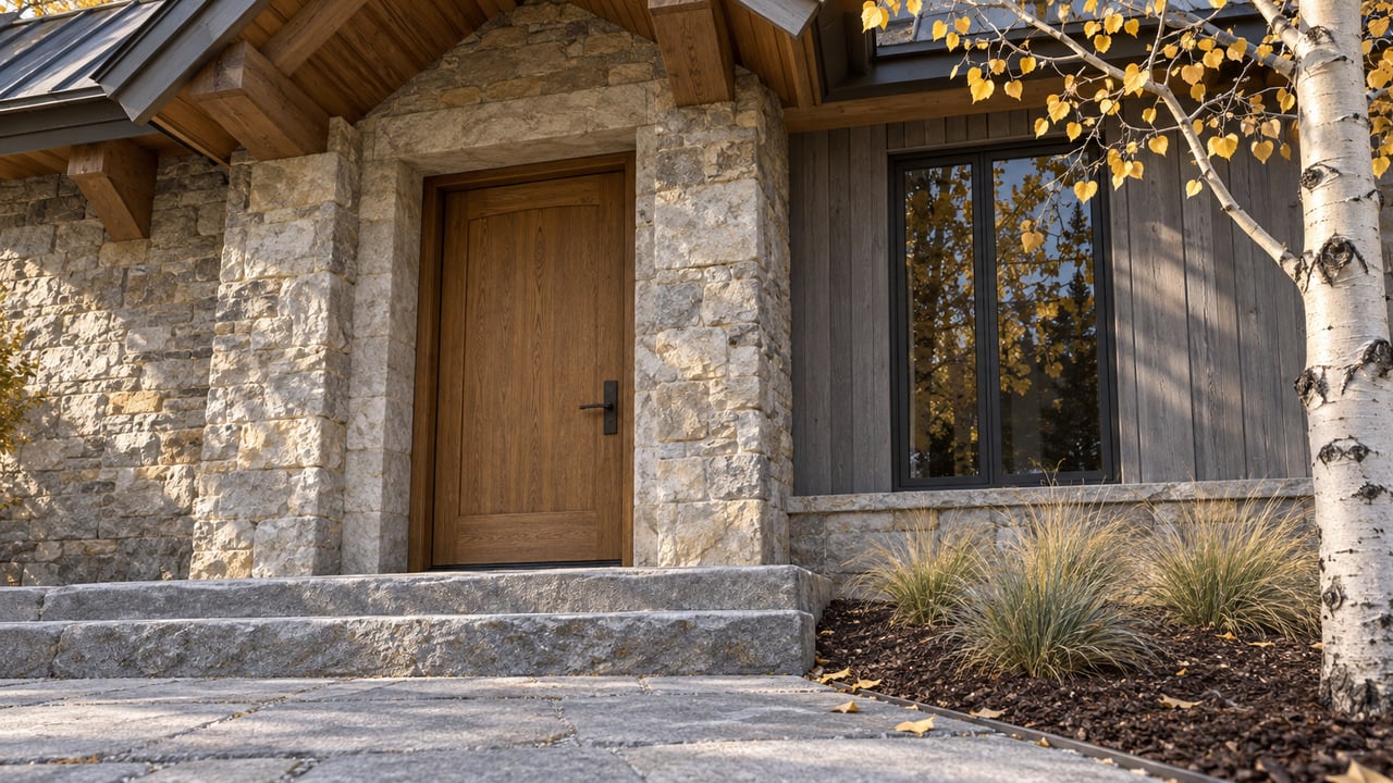Stone and timber home entry with an oak door, black-framed window and yellow aspen leaves beside broad stone steps.