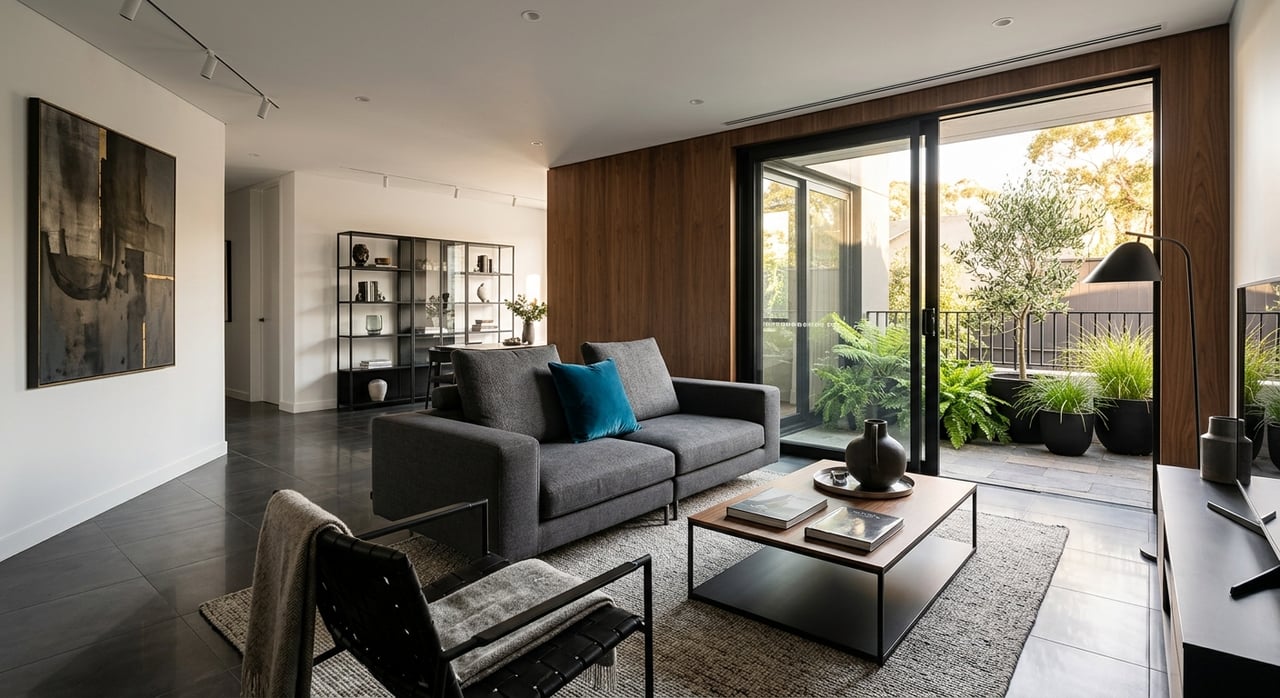 Staged living room with an off-white sofa, walnut slat wall, and glass doors opening onto a planted patio.