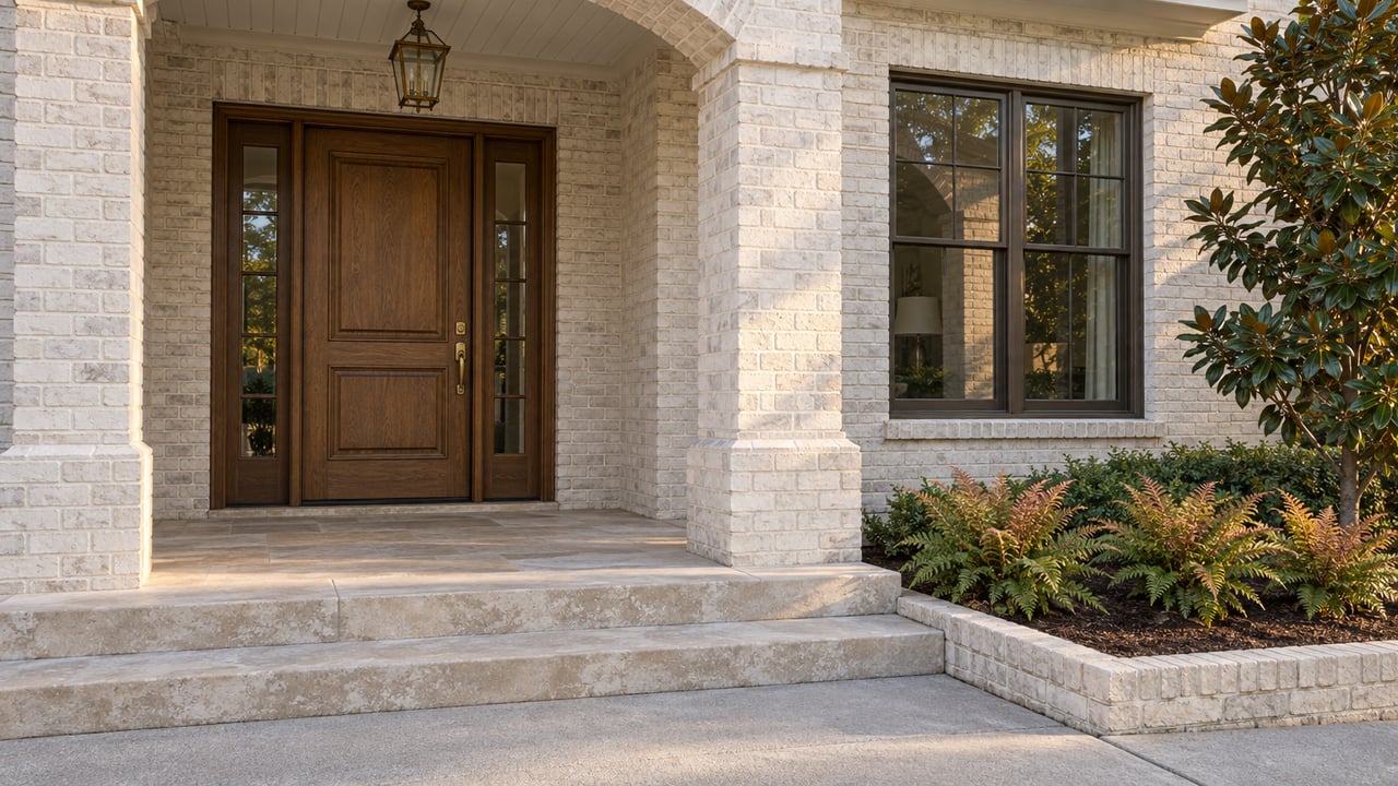 Warm morning light grazes a painted-brick home's oak entry, limestone porch steps, and a curbed bed of copper-tipped ferns beside a compact magnolia.