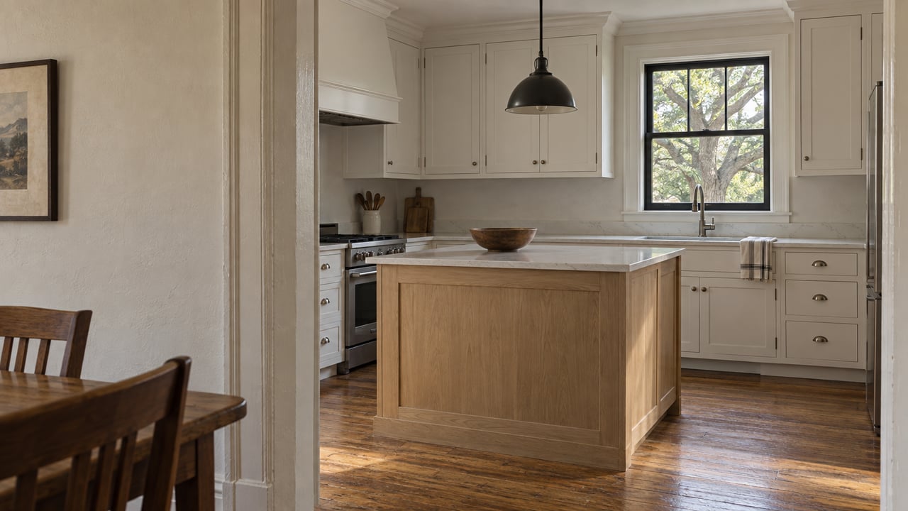 Renovated kitchen with white inset cabinets, oak island and floors, framed by a thick painted-wood doorway.