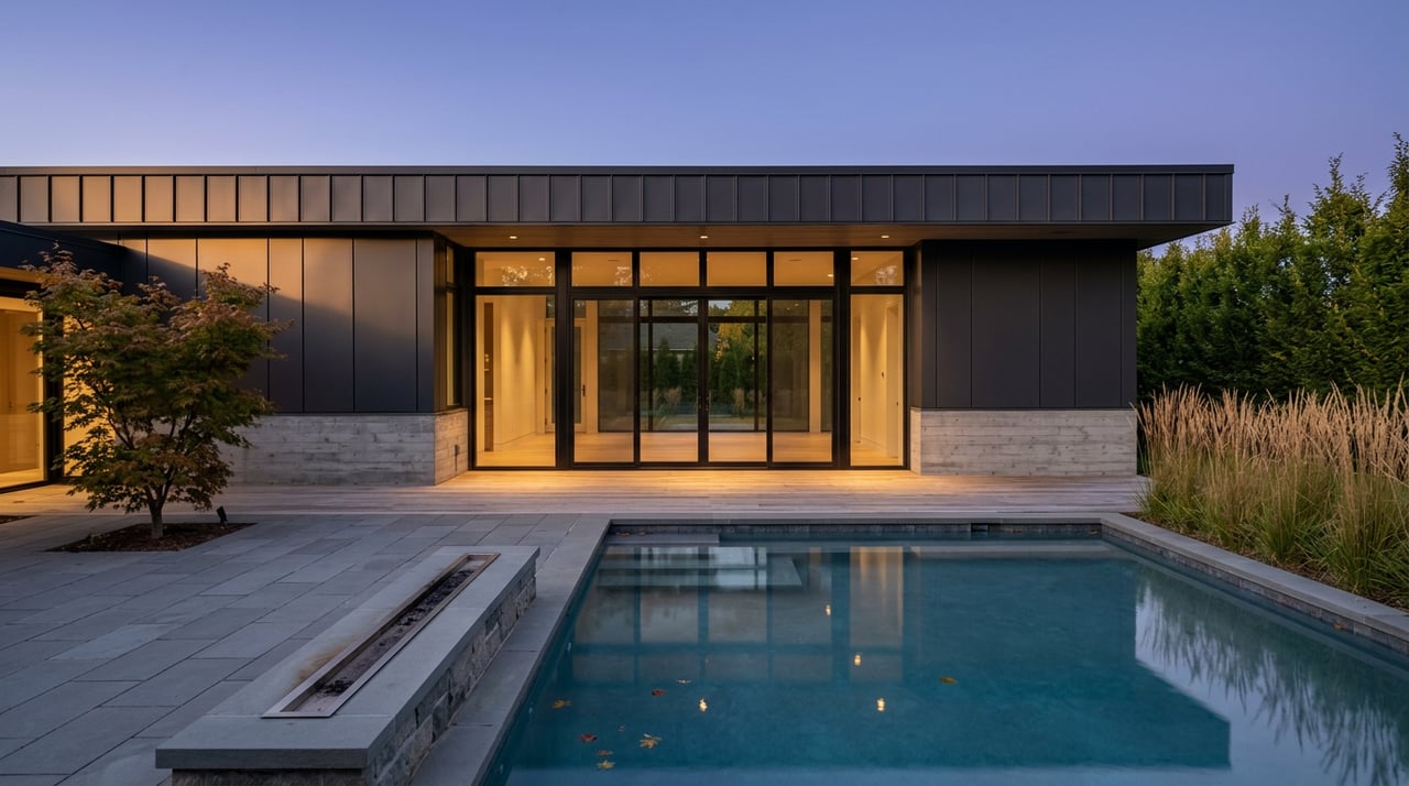 Contemporary home with dark metal cladding and glowing glass doors beyond a pool and stone terrace at twilight.