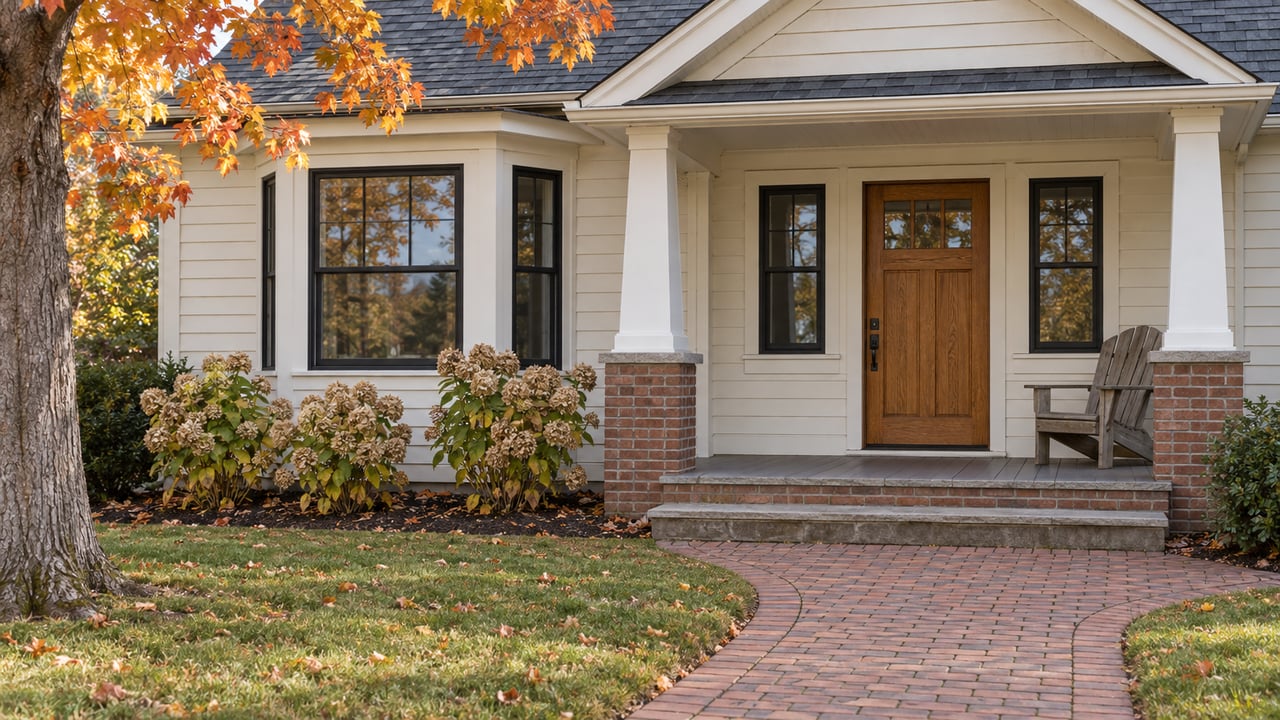 Ivory-sided gabled home with a covered oak entry, weathered cedar chair, brick approach and copper autumn maple leaves.