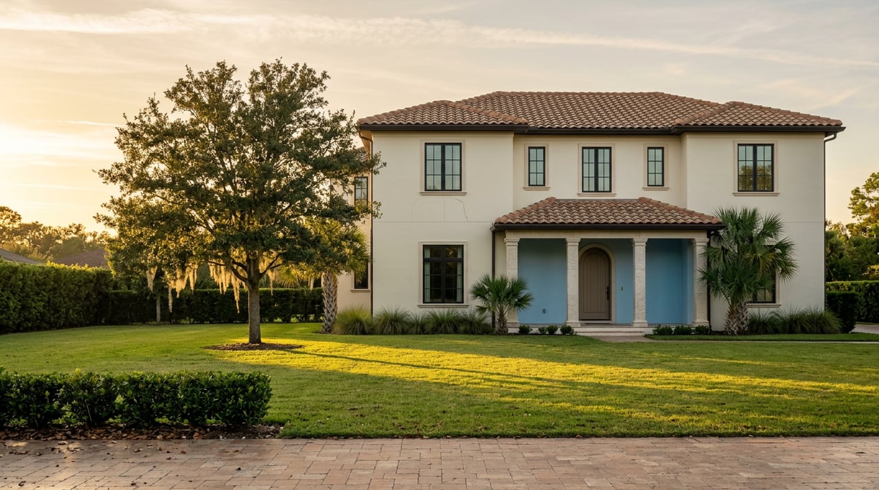 Two-story stucco estate with a tile roof, broad lawn, live oak, and stone-columned entry.