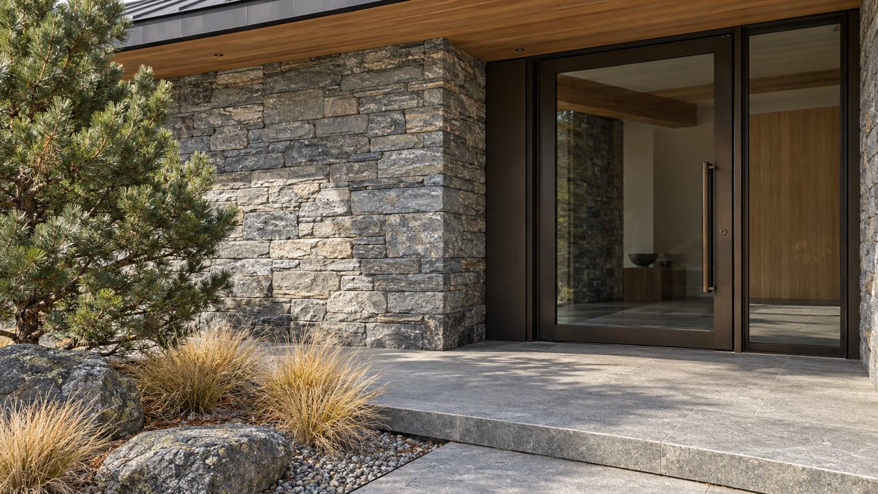 Sunlight crosses a stone and cedar entry courtyard with a bronze-framed glass door, sculptural pine and dry grasses.