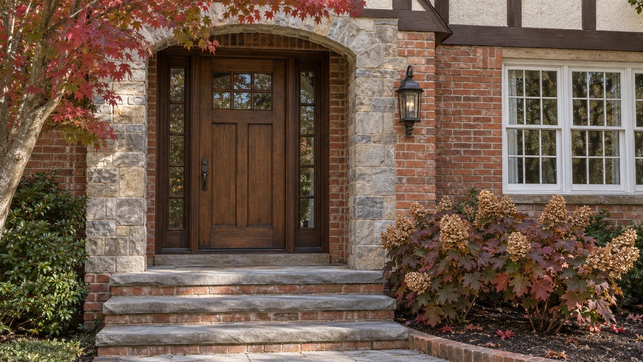 Red brick home with a stone-arched wooden entrance, broad stone steps, and burgundy oakleaf hydrangeas.