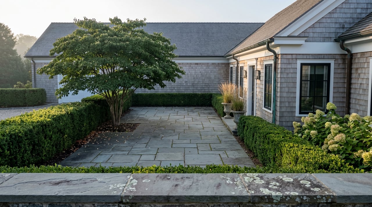 Bluestone courtyard with clipped boxwood hedges, a dogwood tree, and a shingle-clad wing beyond a stone parapet.