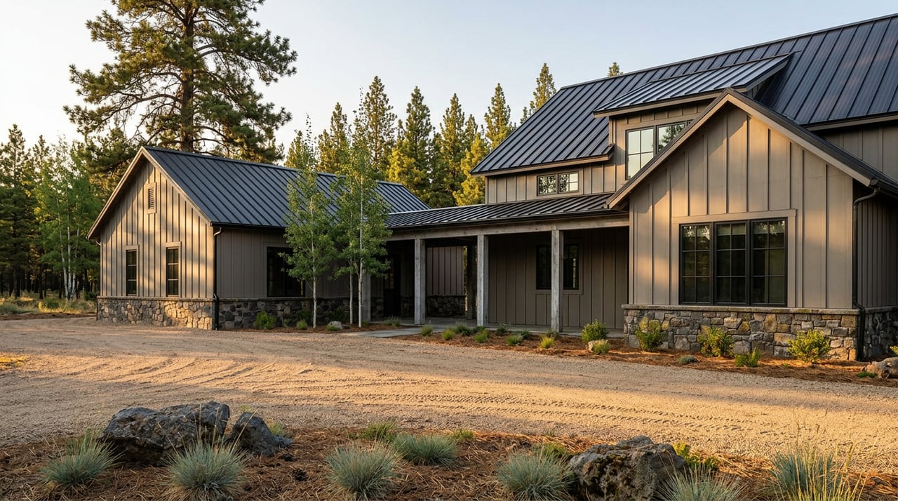 Modern farmhouse and detached shop linked by a breezeway, amid gravel, native grasses, and pine trees.