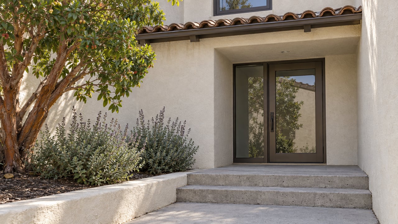 Cream stucco home entry with bronze-framed glazing, clay roof tiles, worn concrete steps and a raised planting bed.