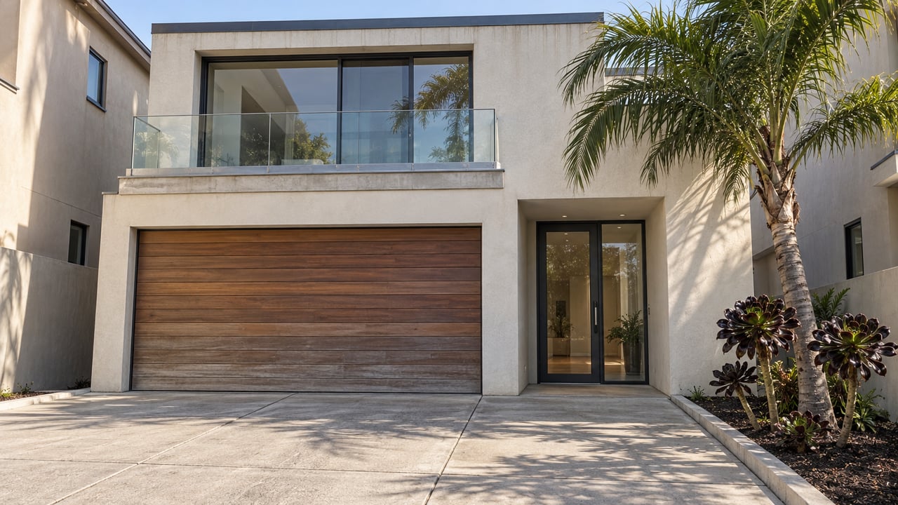Contemporary two-story home with ivory stucco, cedar garage door, glazed balcony and a palm beside a concrete driveway.
