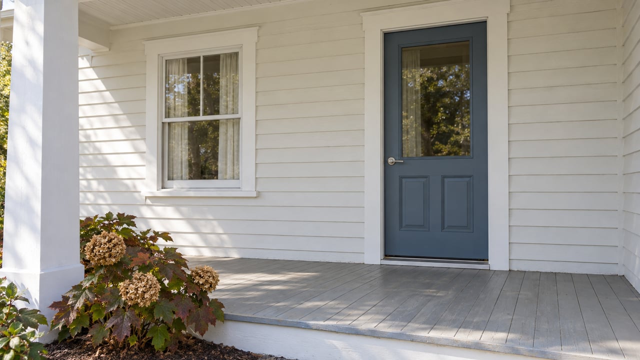 White clapboard porch with a slate-blue glazed entry door, gray painted decking and autumn oakleaf hydrangea.