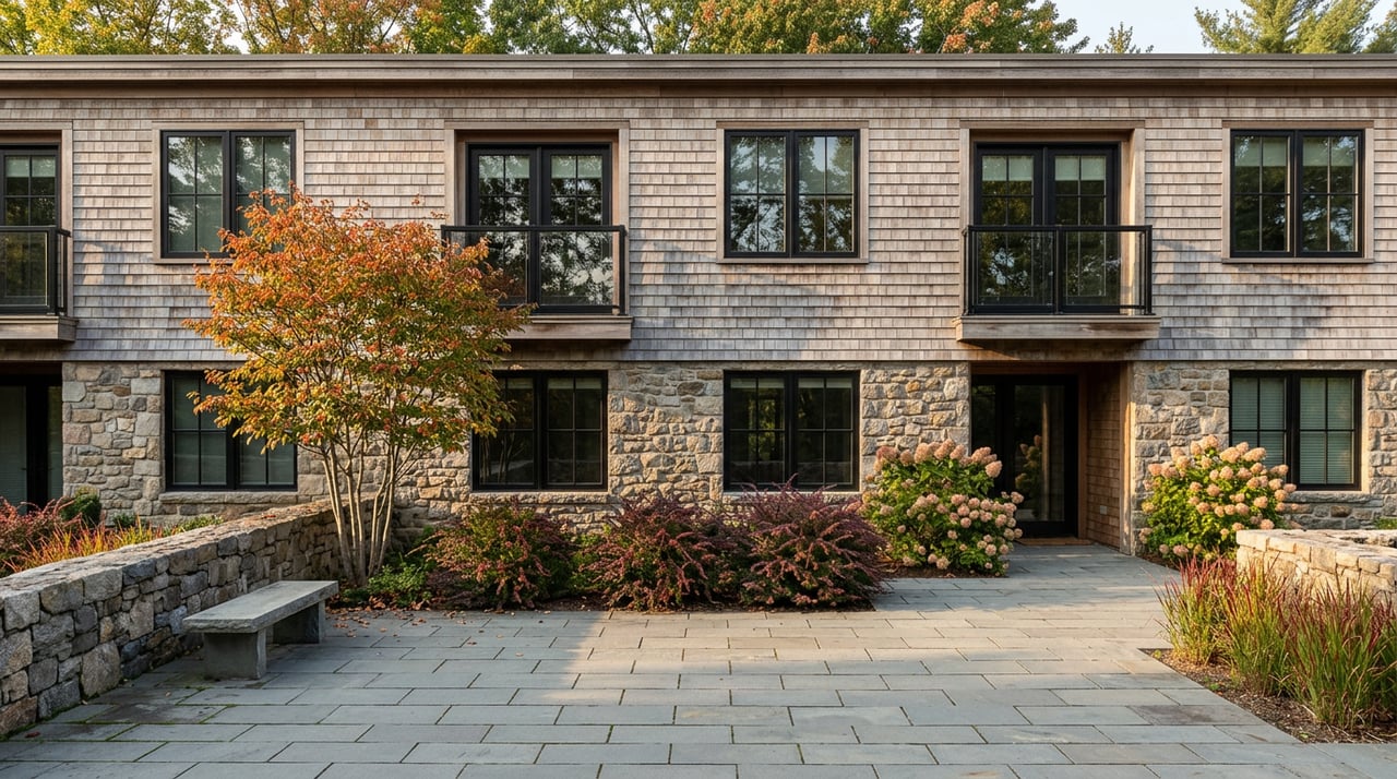 A fieldstone-and-cedar-shingle apartment facade overlooks a bluestone terrace with a stone bench and autumn plantings.