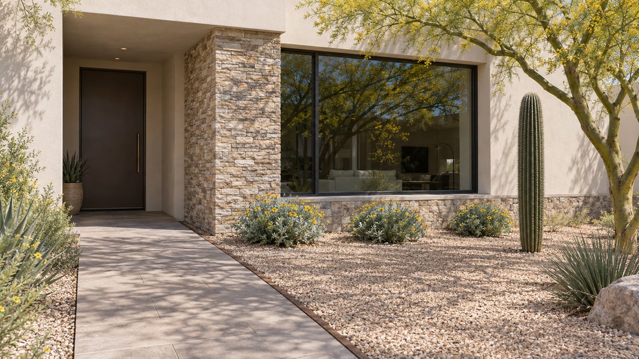 Desert-modern home entry with ivory stucco, a recessed door, stone pier, paver walk, and sparse desert plants.