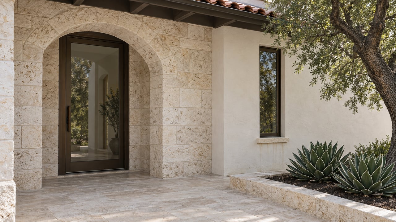 Limestone-arched home entry with a bronze-framed glass door, Texas ebony tree, and two agave rosettes.