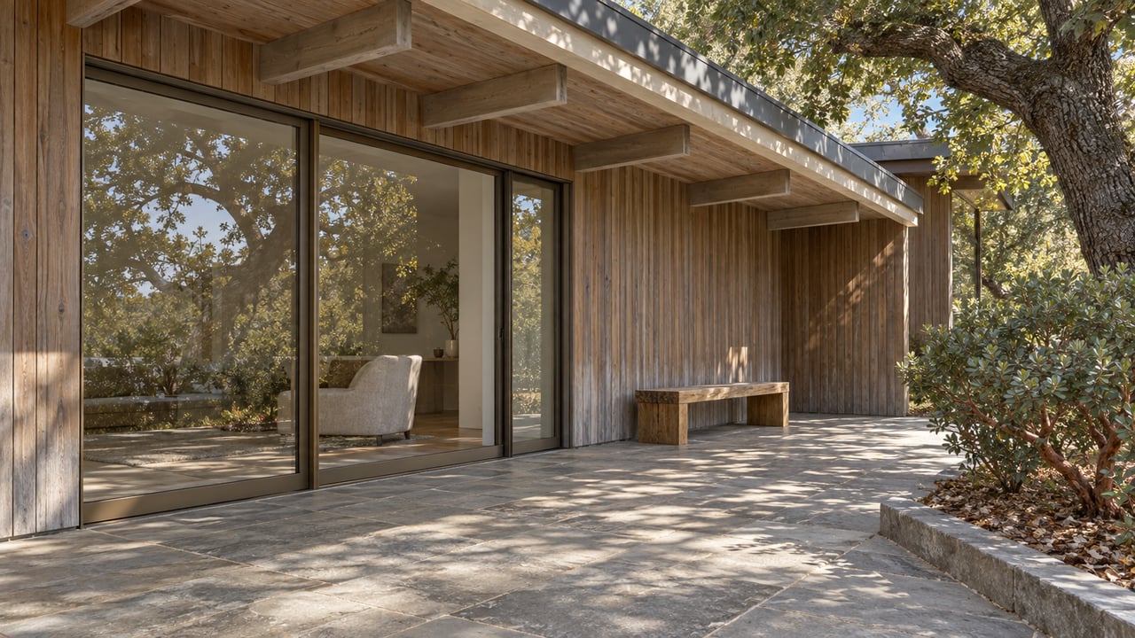 Covered stone terrace beside a cedar-clad home with bronze-framed glass doors, an oak bench and a mature live oak.