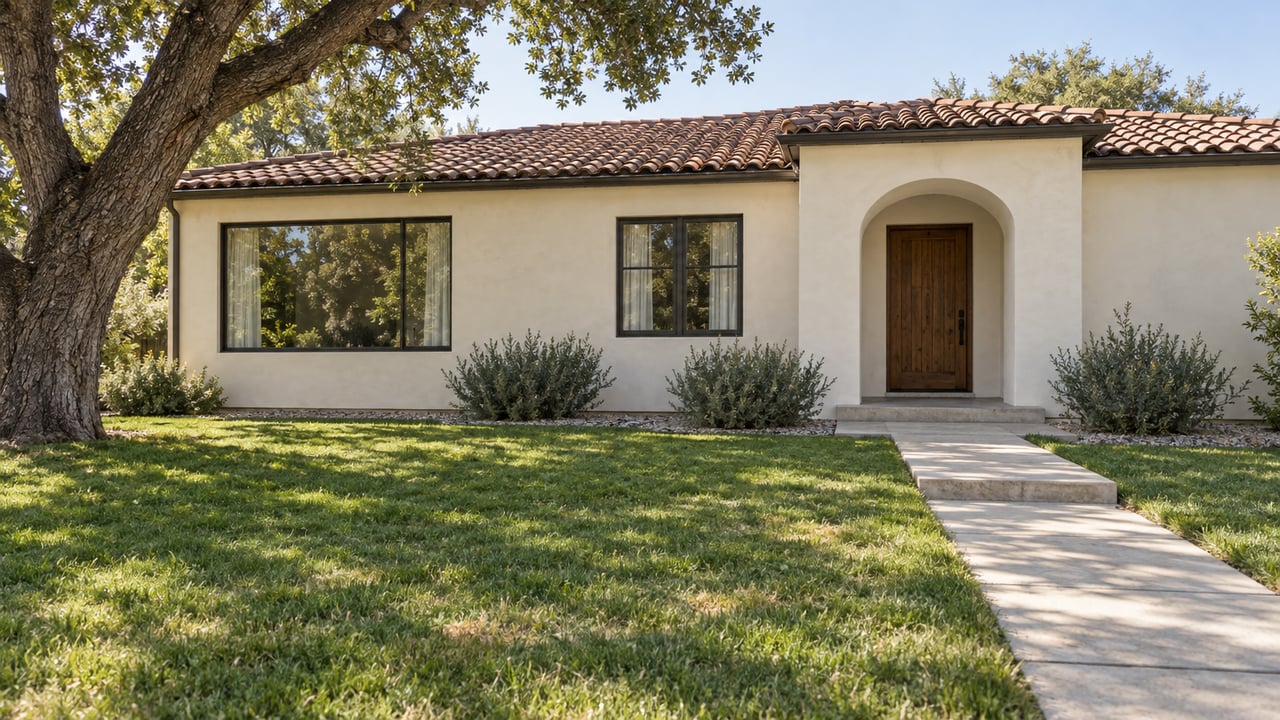 A pale stucco home with a clay tile roof, arched oak front door, broad lawn and mature oak tree in clear morning light.