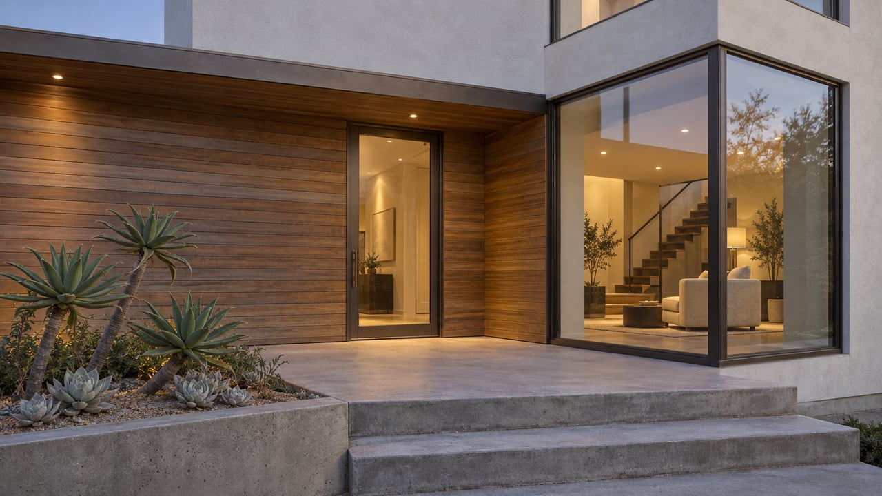 Contemporary home facade at dusk with white stucco, cedar cladding, bronze-framed corner windows and a concrete landing beside sculptural succulents.
