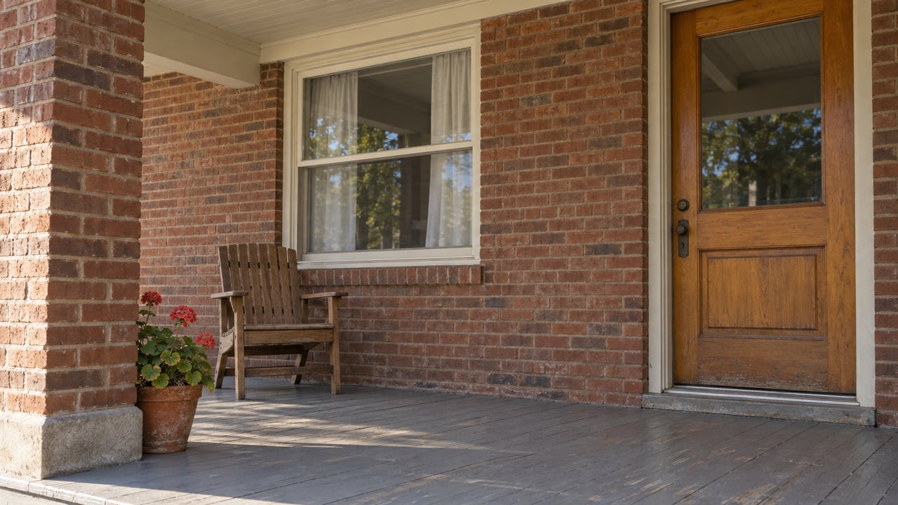 Sunlight across a worn painted porch floor beside a brick bungalow entry, with a wooden chair and one potted red geranium.