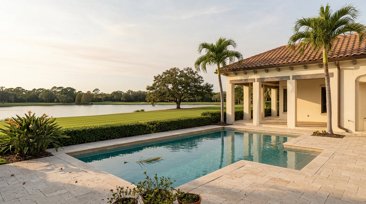 Private pool terrace with cream stucco loggia, palms, golf-course lawn, and a lake beyond.